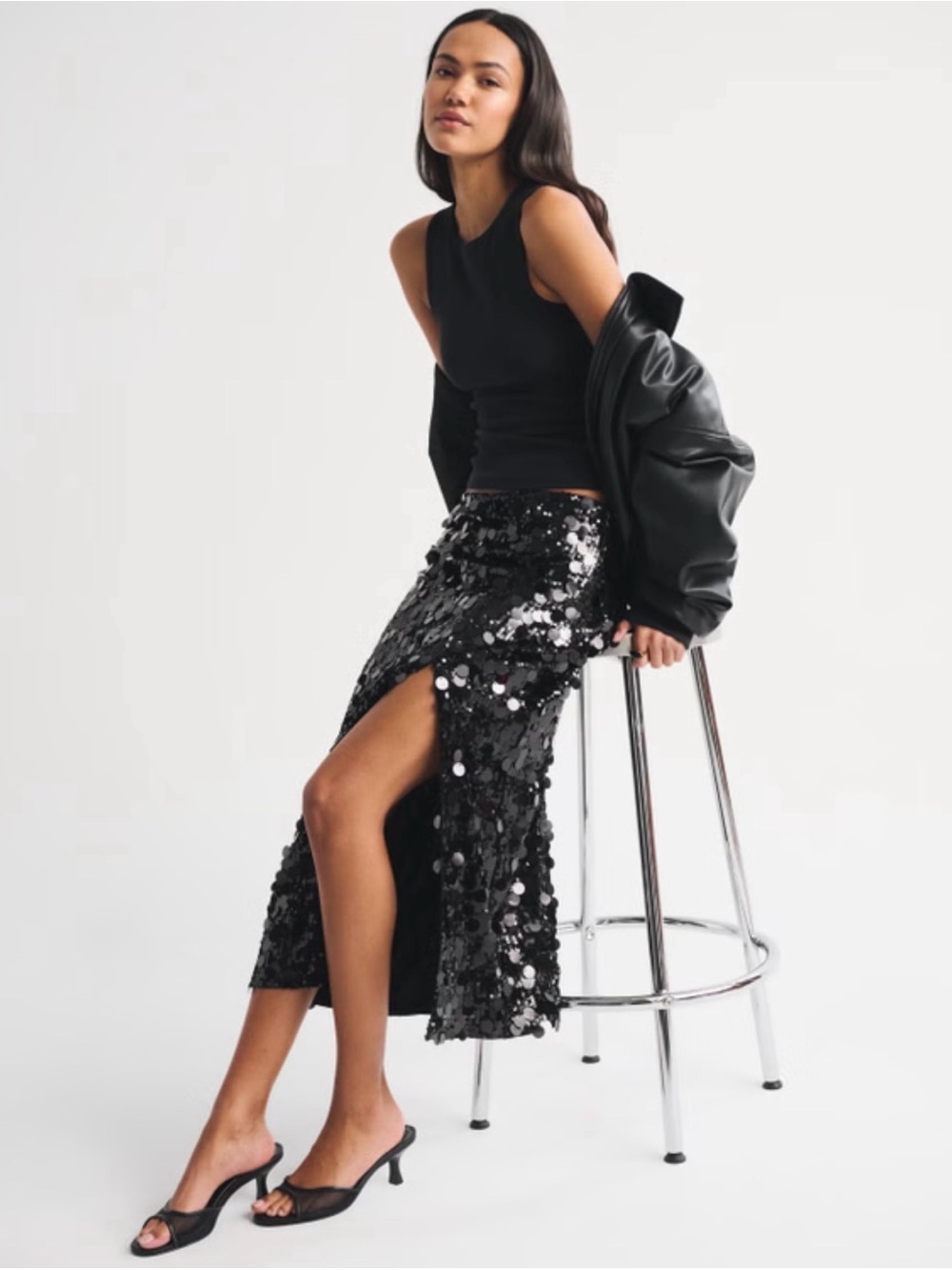 NWT Abercrombie Black Sequin Midi Skirt with Side Slit Medium Tall